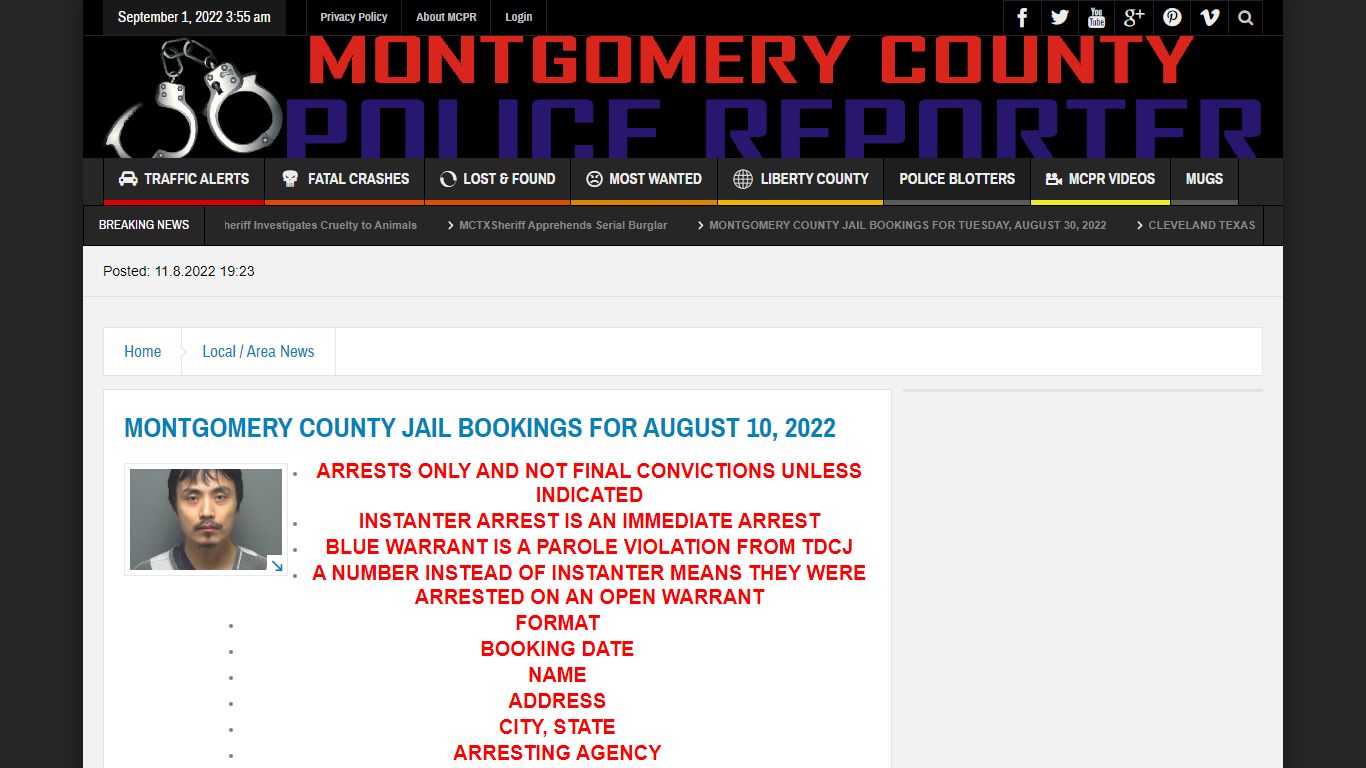 MONTGOMERY COUNTY JAIL BOOKINGS FOR AUGUST 10, 2022