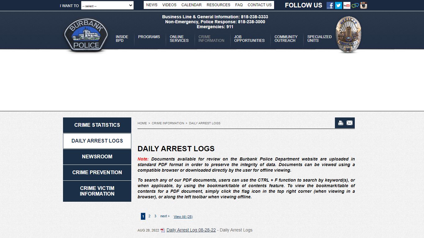 Daily Arrest Logs - Crime Information | Burbank CA Police Department Design